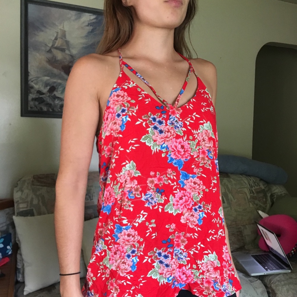 flowy red floral tank top